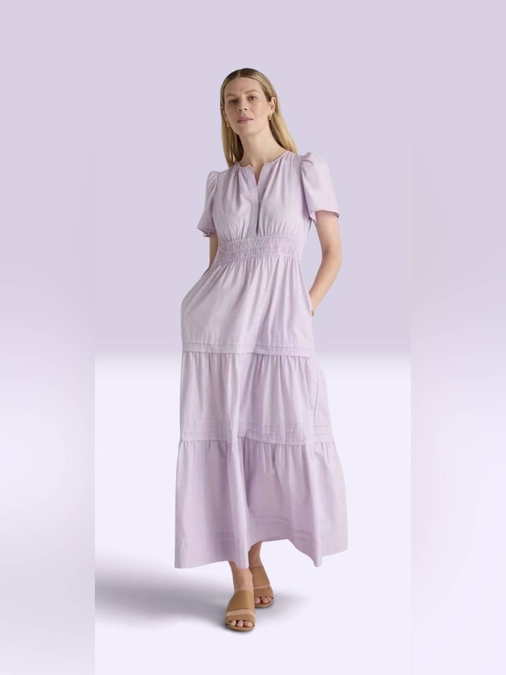 Quince 100% Organic Cotton Tiered Maxi Dress Lavender Purple XL Pockets